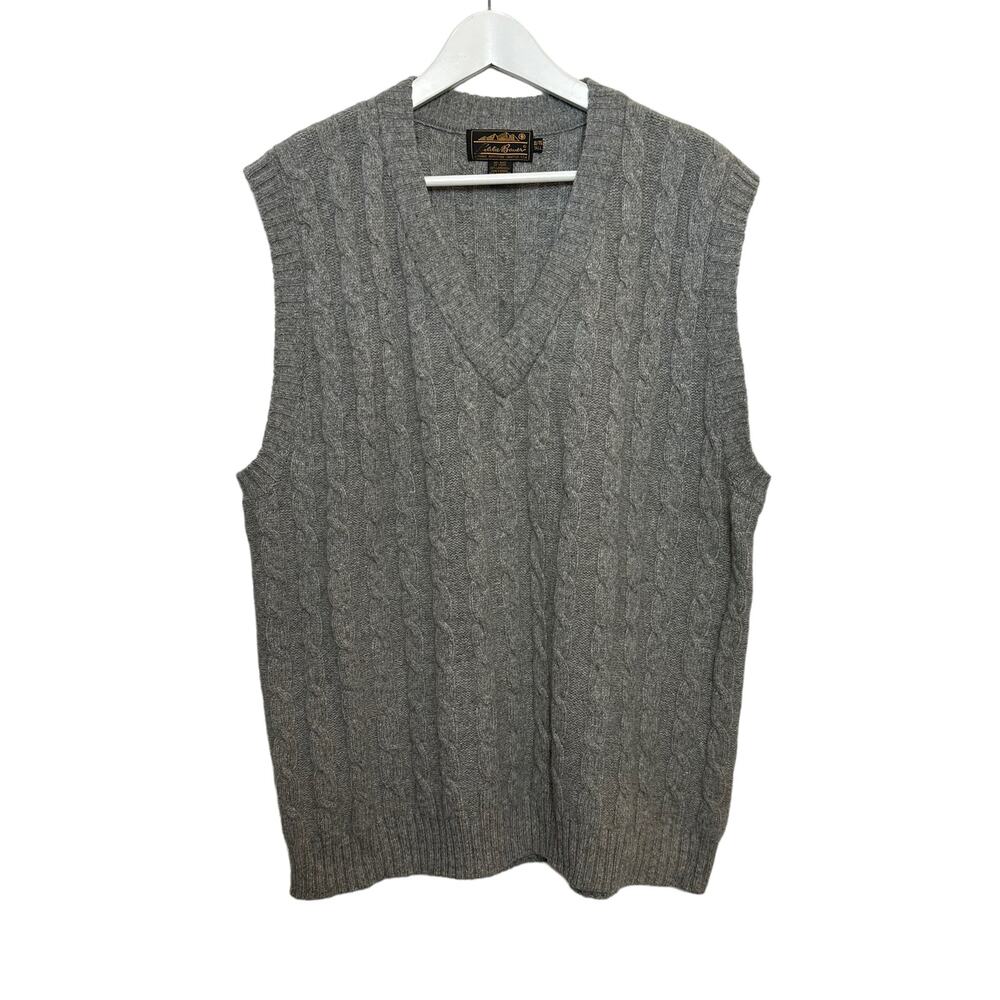 Vintage Eddie Bauer Cable Knit Sweater Vest Gray V Neck 100% Lambswool XL Tall